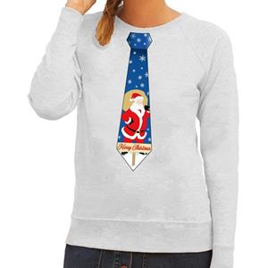 Shoppartners Foute kersttrui stropdas met kerstman print grijs voor dames