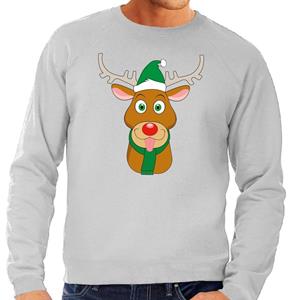 Shoppartners Foute kersttrui rendier Rudolf met groene kerstmuts grijs heren (48) Grijs