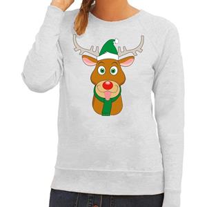 Shoppartners Foute kersttrui rendier Rudolf met groene kerstmuts grijs dames Grijs