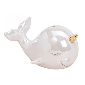 Merkloos Luxe spaarpot Narwal walvis - keramiek - zeedieren - glans wit - 18 cm -