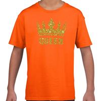 Shoppartners Oranje Queen gouden glitter kroon t-shirt kinderen (146-152) Oranje