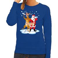 Shoppartners Foute kersttrui dronken kerstman en rendier Rudolf blauw dames (44) Blauw