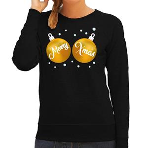 Shoppartners Foute kersttrui / sweater zwart met gouden Merry Xmas dames Zwart