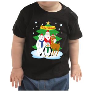 Bellatio Kerstshirt kerstman / dierenvriendjes zwart baby jongen/meisje 62 (1-3 maanden) Zwart