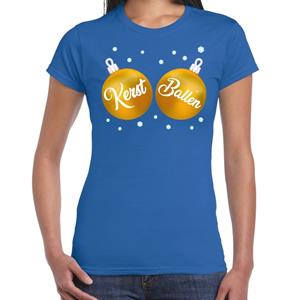 Bellatio Fout kerst t-shirt blauw met gouden kerst ballen voor dames