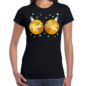 Bellatio Fout kerst t-shirt zwart met gouden kerst ballen voor dames