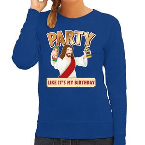 Bellatio Foute kersttrui / sweater Party like its my birthday blauw dames Blauw