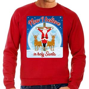 Bellatio Foute Kersttrui Now i believe in holy Santa rood voor heren