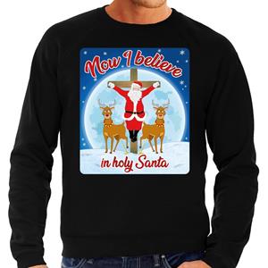 Bellatio Foute Kersttrui Now i believe in holy Santa zwart voor heren