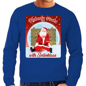 Bellatio Foute Kersttrui Nobody fucks with Sinterklaas blauw voor heren