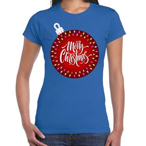 Bellatio Fout kerst shirt kerstbal merry christmas blauw voor dames