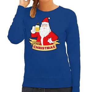 Bellatio Foute kersttrui blauw kerstman met een peul bier voor dames