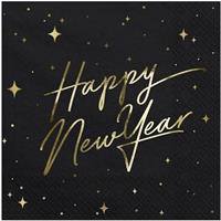 40x Nieuwjaar Happy New Year servetten zwart/goud 33 x 33 cm Zwart