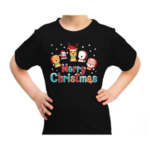 Bellatio Fout kerst shirt / t-shirt dieren Merry christmas zwart kids (104-110) Zwart