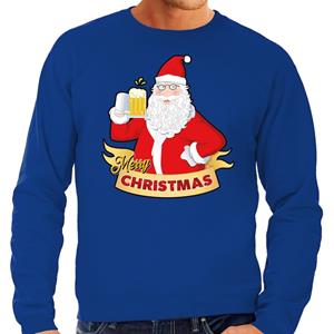 Bellatio Foute Kersttrui kerstman met een peul bier blauw voor heren