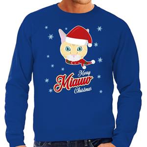 Bellatio Foute Kersttrui Merry Miauw Christmas Kerst kat blauw voor heren