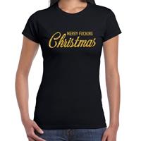 Bellatio Fout kerst shirt Merry Fucking Christmas goud / zwart voor dames