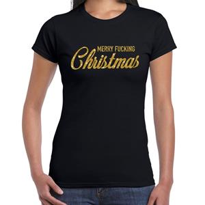 Bellatio Fout kerst shirt Merry Fucking Christmas goud / zwart voor dames