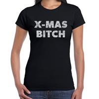 Bellatio Fout kerst shirt X-mas bitch zilver / zwart voor dames