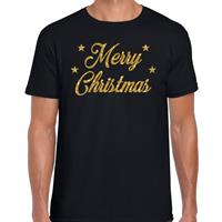 Bellatio Kerst shirt Merry Christmas gouden glitter letters zwart heren (48) Zwart