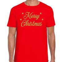 Bellatio Kerst shirt Merry Christmas gouden glitter letters rood heren (48) Rood