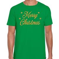 Bellatio Kerst shirt Merry Christmas gouden glitter letters groen heren (48) Groen