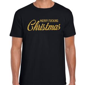 Bellatio Fout kerstshirt Merry Fucking Christmas goud glitter zwart her (48) Zwart