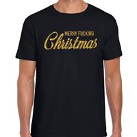 Bellatio Fout kerstshirt Merry Fucking Christmas goud glitter zwart her Zwart