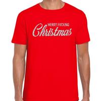 Bellatio Fout kerstshirt Merry Fucking Christmas zilver glitter rood her (48) Rood