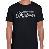 Bellatio Fout kerstshirt Merry Fucking Christmas zilver glitter zwart her Zwart