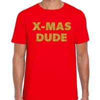 Bellatio Foute Kerst t-shirt X-mas dude goud glitter op rood heren (48) Rood