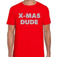 Bellatio Foute Kerst t-shirt X-mas dude zilver glitter op rood heren (48) Rood