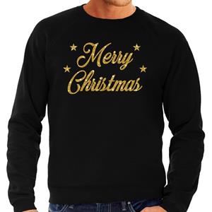 Bellatio Kersttrui Merry Christmas gouden glitter letters zwart heren Zwart