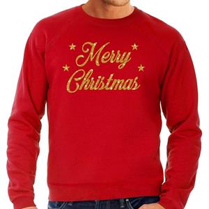 Bellatio Kersttrui Merry Christmas gouden glitter letters rood heren (48) Rood