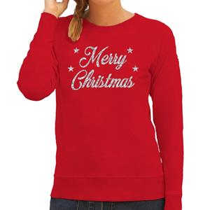 Bellatio Kersttrui Merry Christmas zilveren glitter letters rood dames Rood