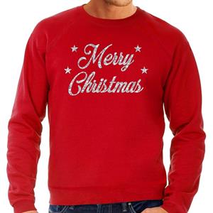 Bellatio Kersttrui Merry Christmas zilveren glitter letters rood heren (48) Rood