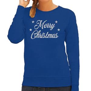 Bellatio Kersttrui Merry Christmas zilveren glitter letters blauw dames Blauw