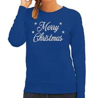 Bellatio Kersttrui Merry Christmas zilveren glitter letters blauw dames (44) Blauw