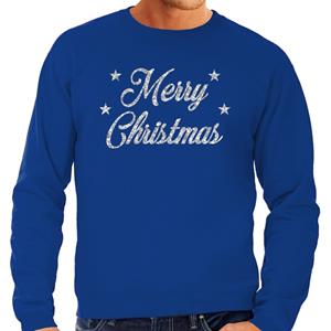 Bellatio Kersttrui Merry Christmas zilveren glitter letters blauw heren (48) Blauw
