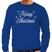 Bellatio Kersttrui Merry Christmas zilveren glitter letters blauw heren Blauw