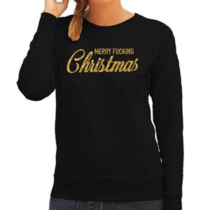 Bellatio Kersttrui Merry Fucking Christmas goud glitter zwart dames Zwart
