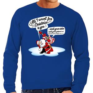 Bellatio Grote maten Kersttrui zingende kerstman met gitaar blauw heren (58) Blauw