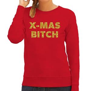 Bellatio Kersttrui Christmas Bitch gouden glitter letters rood dames Rood