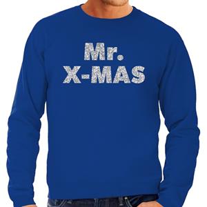 Bellatio Foute Kersttrui Mr. x-mas zilveren glitter letters blauw heren (48) Blauw