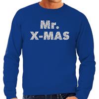 Bellatio Foute Kersttrui Mr. x-mas zilveren glitter letters blauw heren Blauw