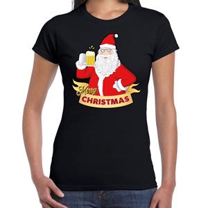 Bellatio Fout kerstshirt zwart santa met pul bier voor dames