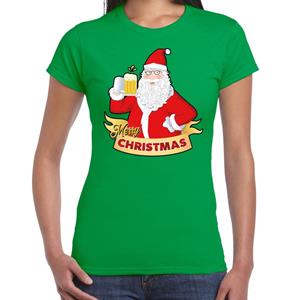 Bellatio Fout kerstshirt groen santa met pul bier voor dames