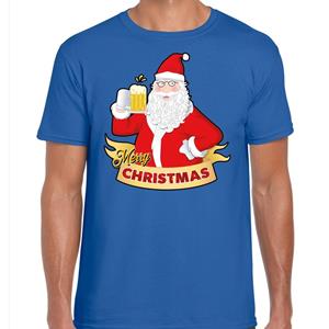 Bellatio Kerst shirt merry christmas Santa bier / proost blauw heren (48) Blauw