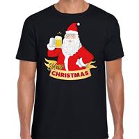 Bellatio Kerst shirt merry christmas Santa bier / proost zwart heren (48) Zwart
