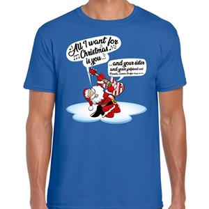 Bellatio Fout Kerst shirt zingende kerstman met gitaar blauw voor heren